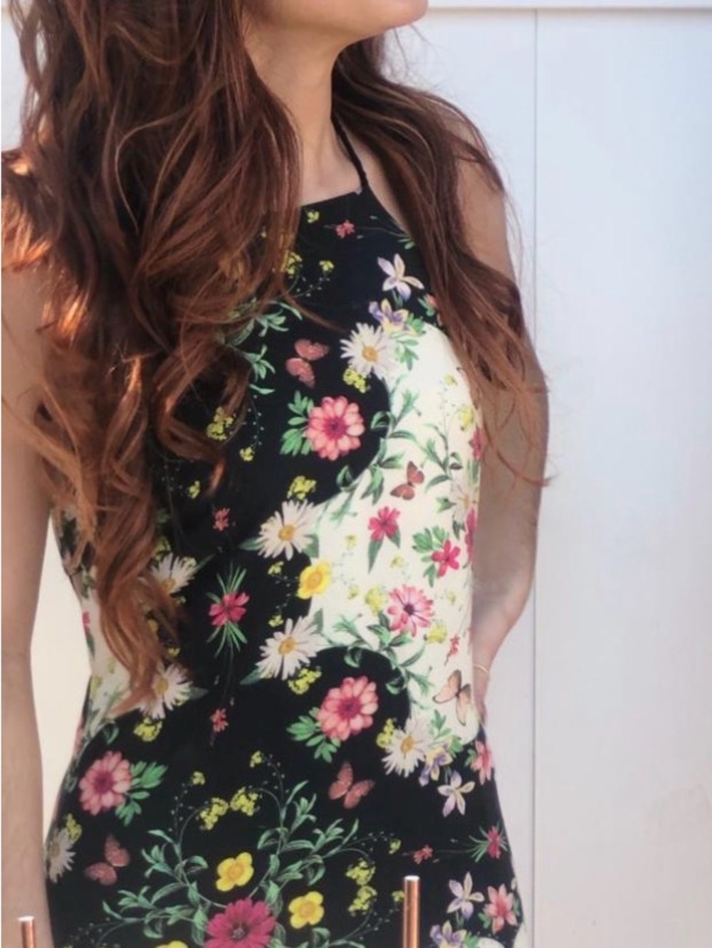 Floral Halter Neck Mini Dress in Black and Cream